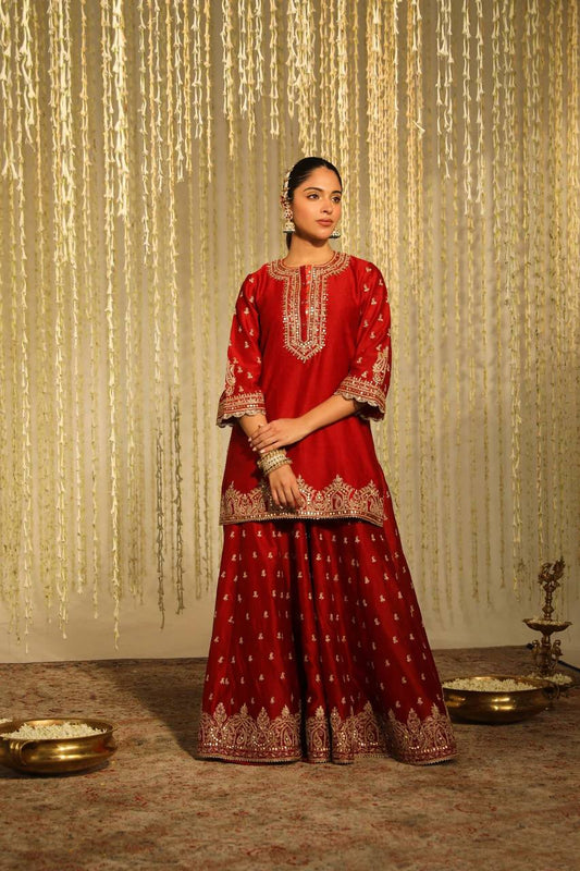 Party Wear Top and Plazzo in Heavy Chinnon Silk with Embroidery and Matching Dupatta