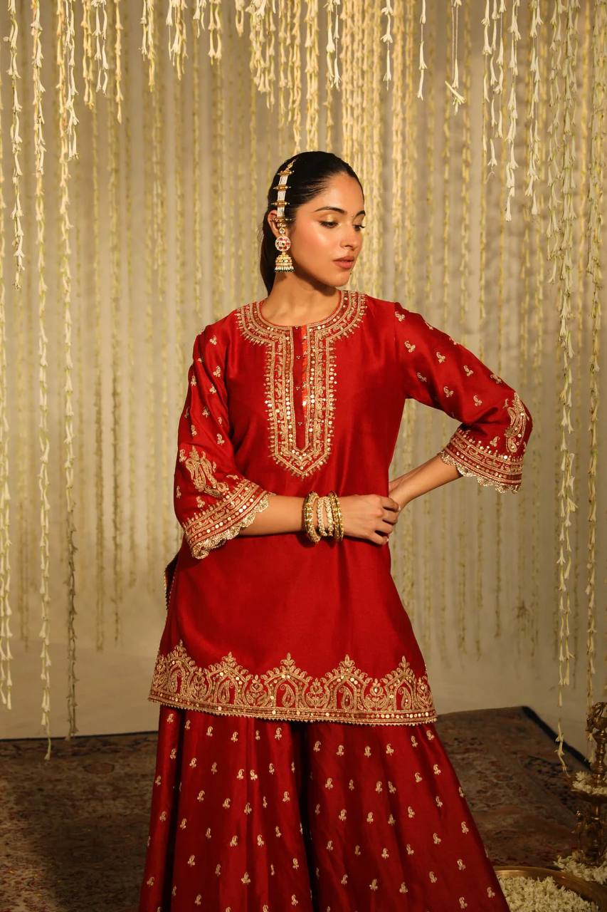 Party Wear Top and Plazzo in Heavy Chinnon Silk with Embroidery and Matching Dupatta