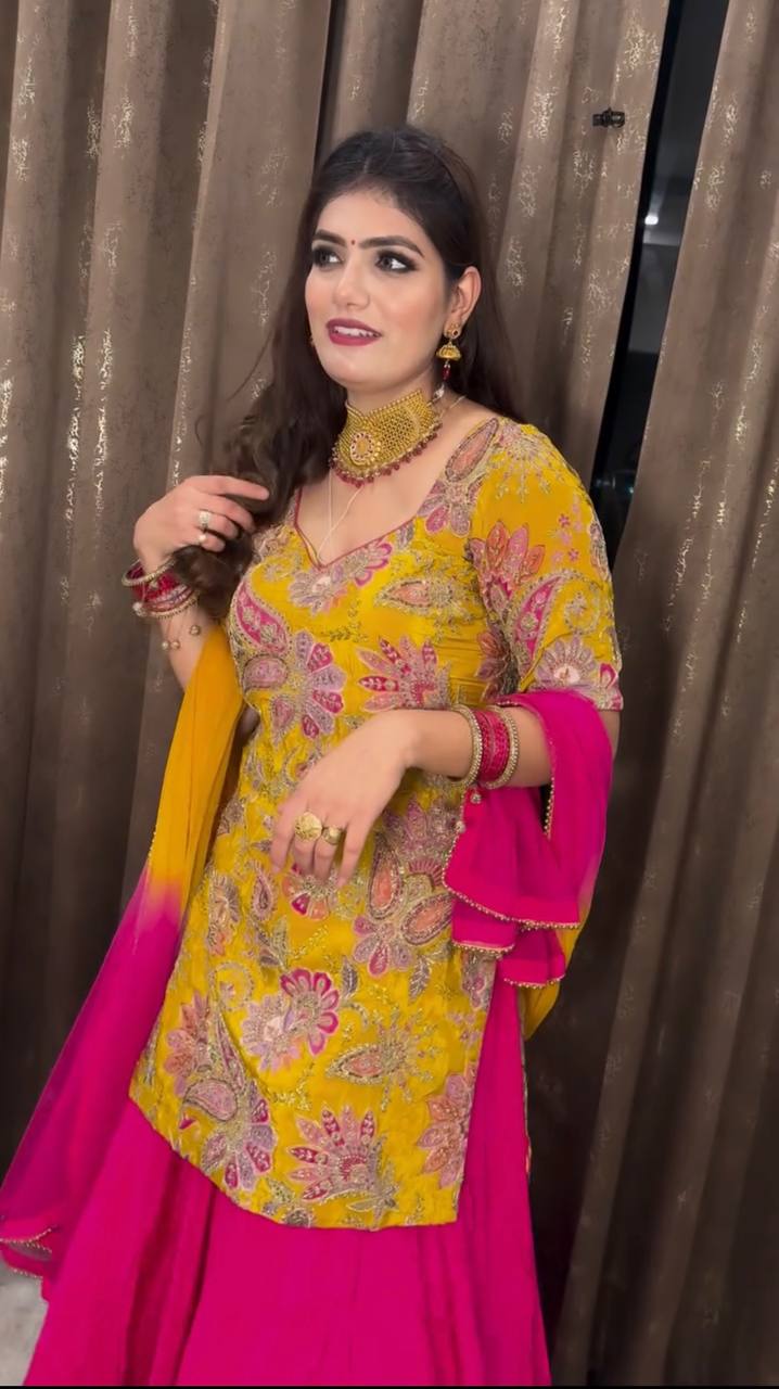 Zari and Sequin Embellished Top with Malay Silk Lehenga & Digital Print Dupatta