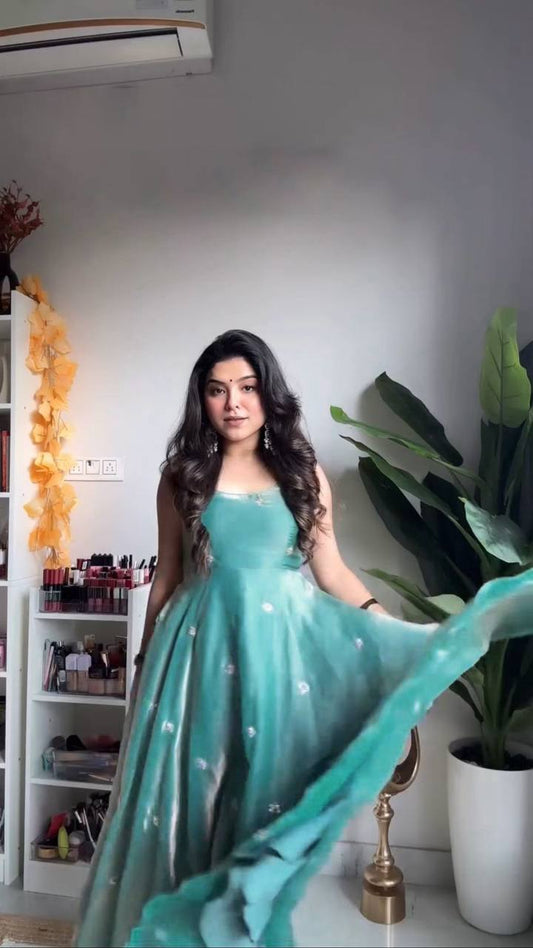 Exclusive Designer Collection: Trendy Silk Gown with Embroidered Details and Pant