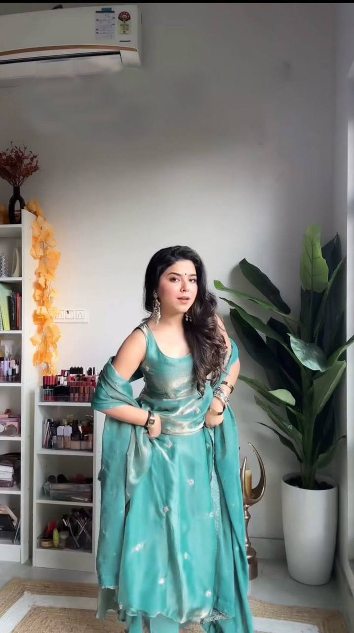 Exclusive Designer Collection: Trendy Silk Gown with Embroidered Details and Pant