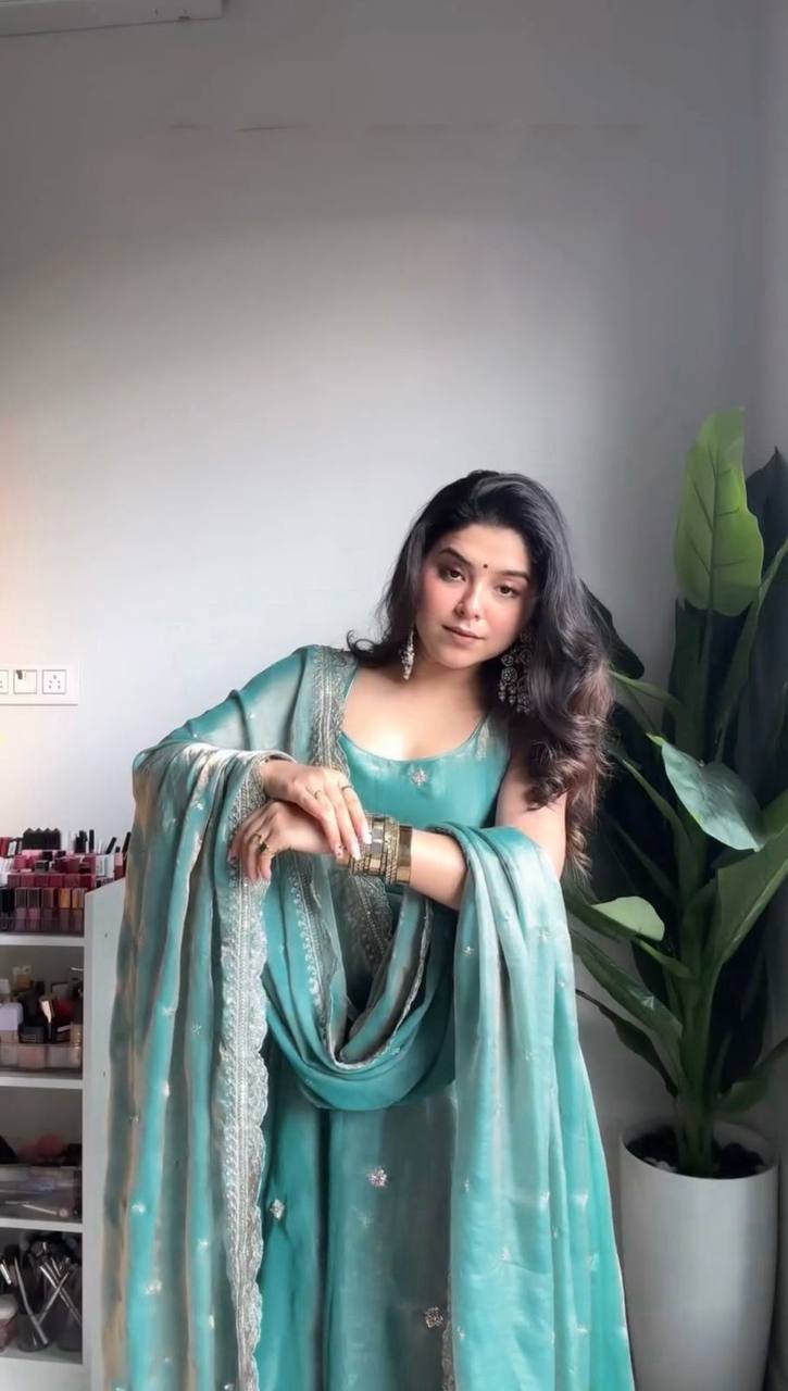 Exclusive Designer Collection: Trendy Silk Gown with Embroidered Details and Pant
