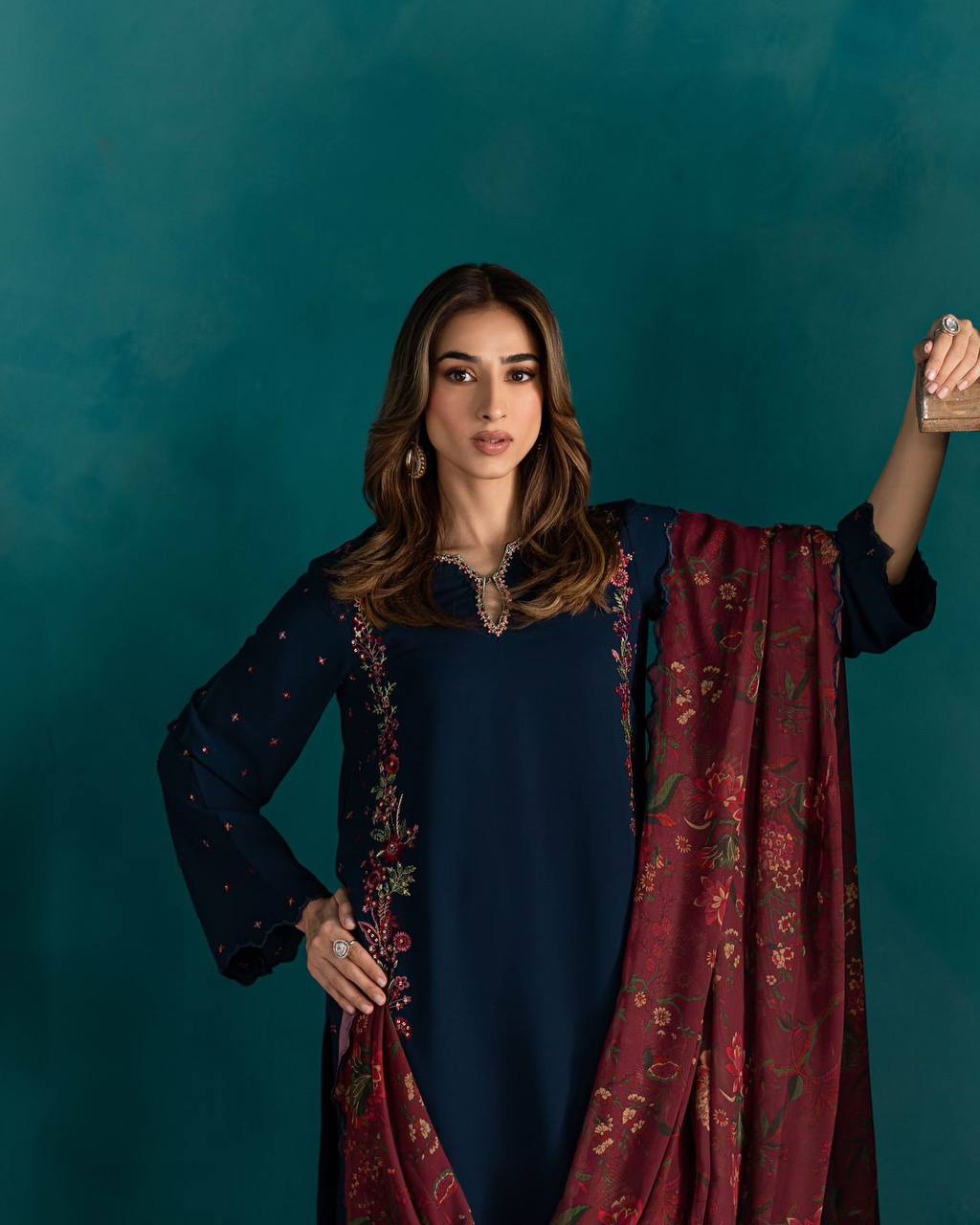 Exclusive Designer Farsi Top and Salwar with Intricate Embroidery and Fancy Dupatta