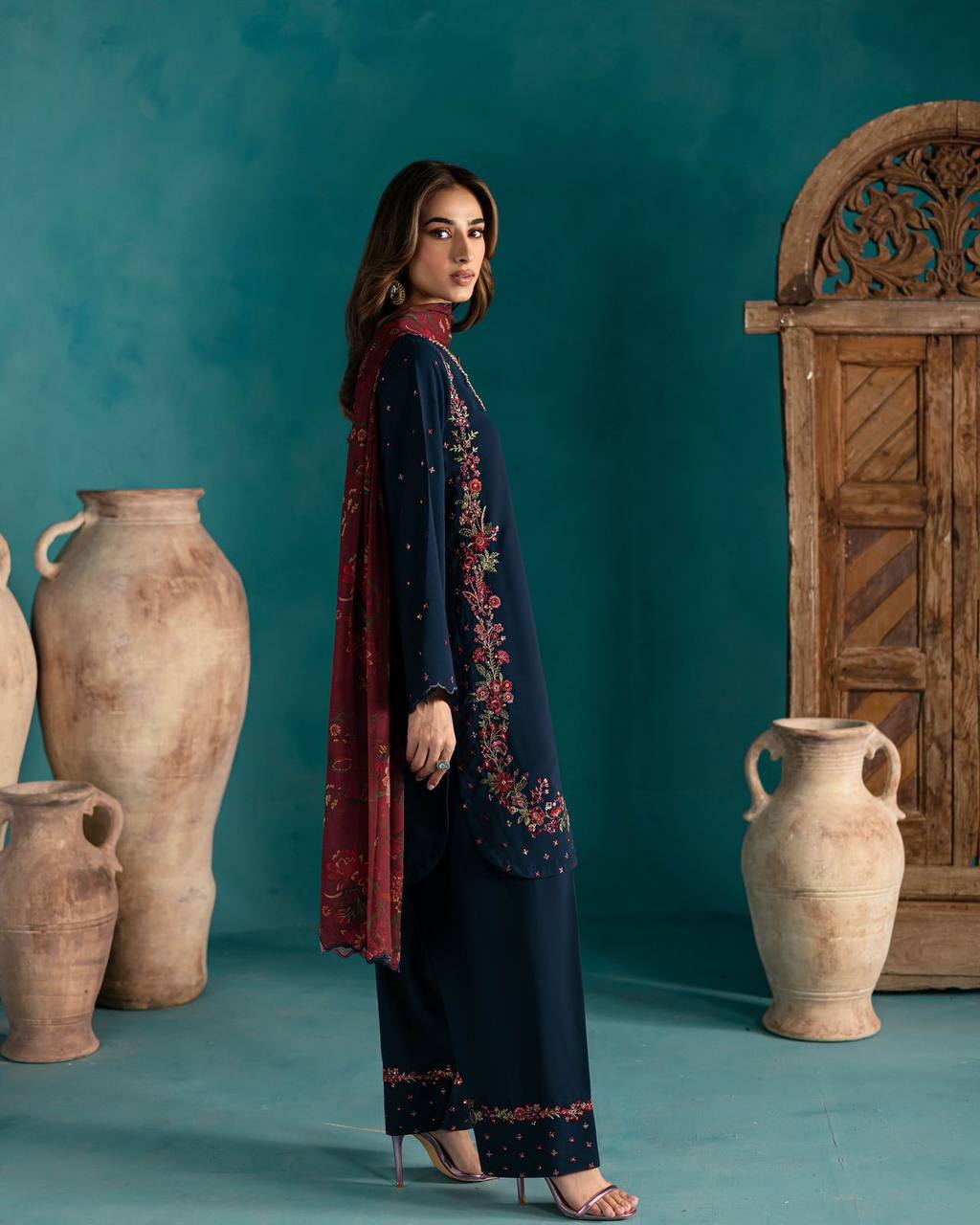 Exclusive Designer Farsi Top and Salwar with Intricate Embroidery and Fancy Dupatta