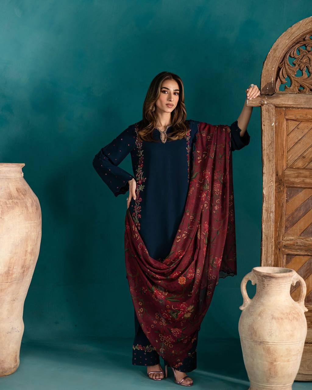 Exclusive Designer Farsi Top and Salwar with Intricate Embroidery and Fancy Dupatta
