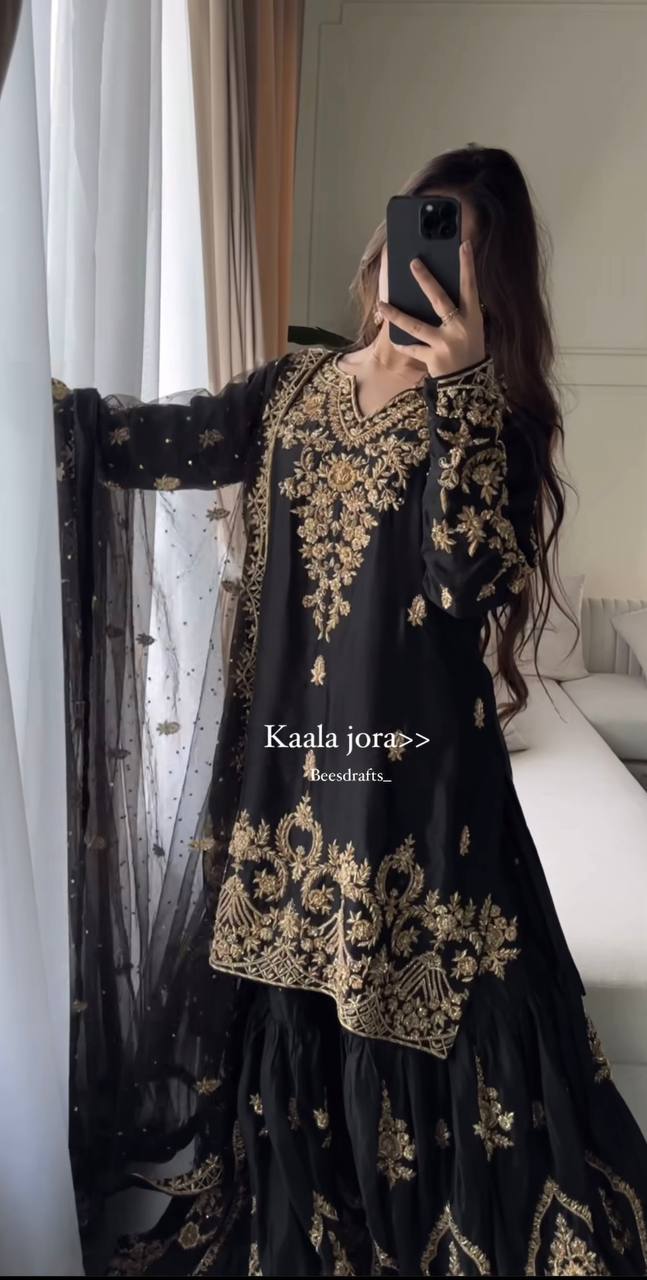 Designer Natural Crepe Sharara Set with 5mm Sequence Embroidery and Fancy Georgette Dupatta