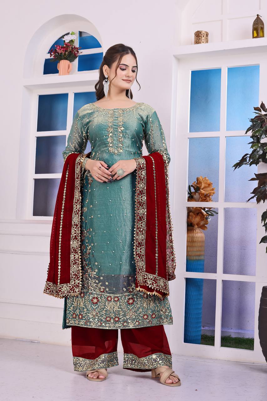 Heavily Embroidered Fancy Top-Plazzo Set with Matching Dupatta - Jaipur Blossom