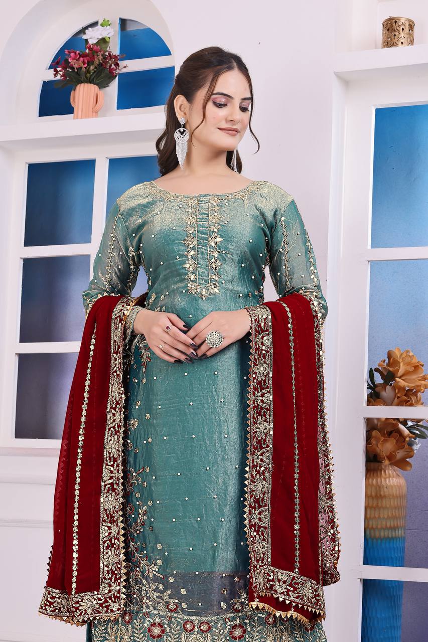 Heavily Embroidered Fancy Top-Plazzo Set with Matching Dupatta - Jaipur Blossom