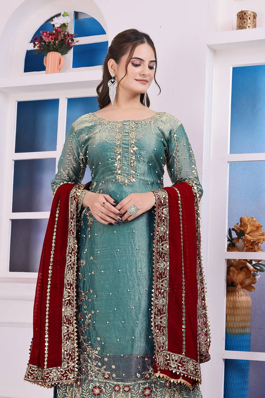 Heavily Embroidered Fancy Top-Plazzo Set with Matching Dupatta - Jaipur Blossom