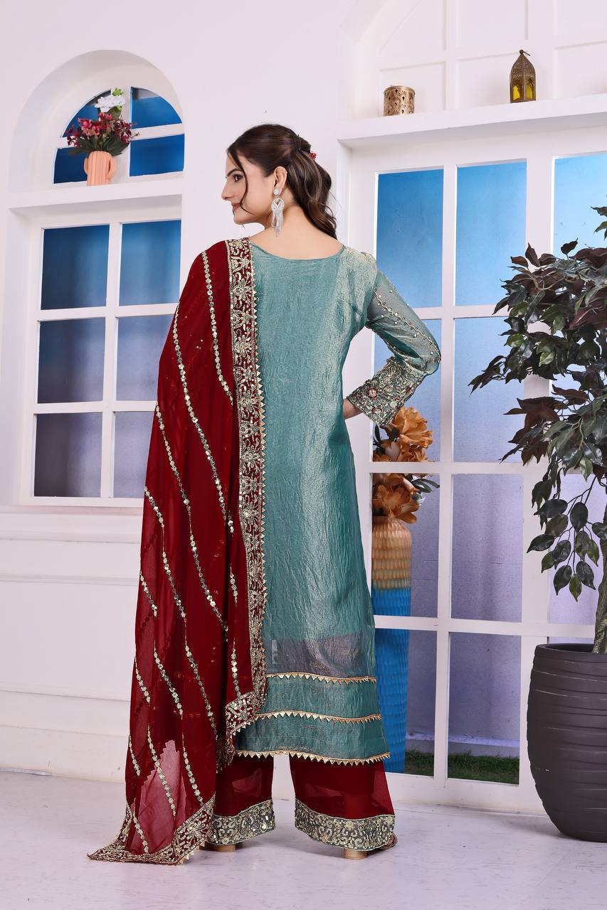 Heavily Embroidered Fancy Top-Plazzo Set with Matching Dupatta - Jaipur Blossom