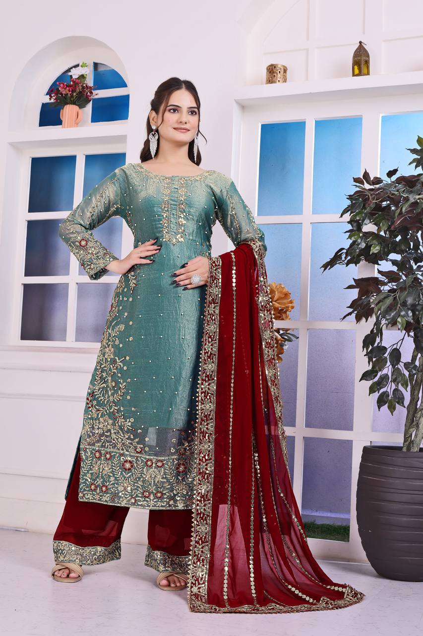 Heavily Embroidered Fancy Top-Plazzo Set with Matching Dupatta - Jaipur Blossom