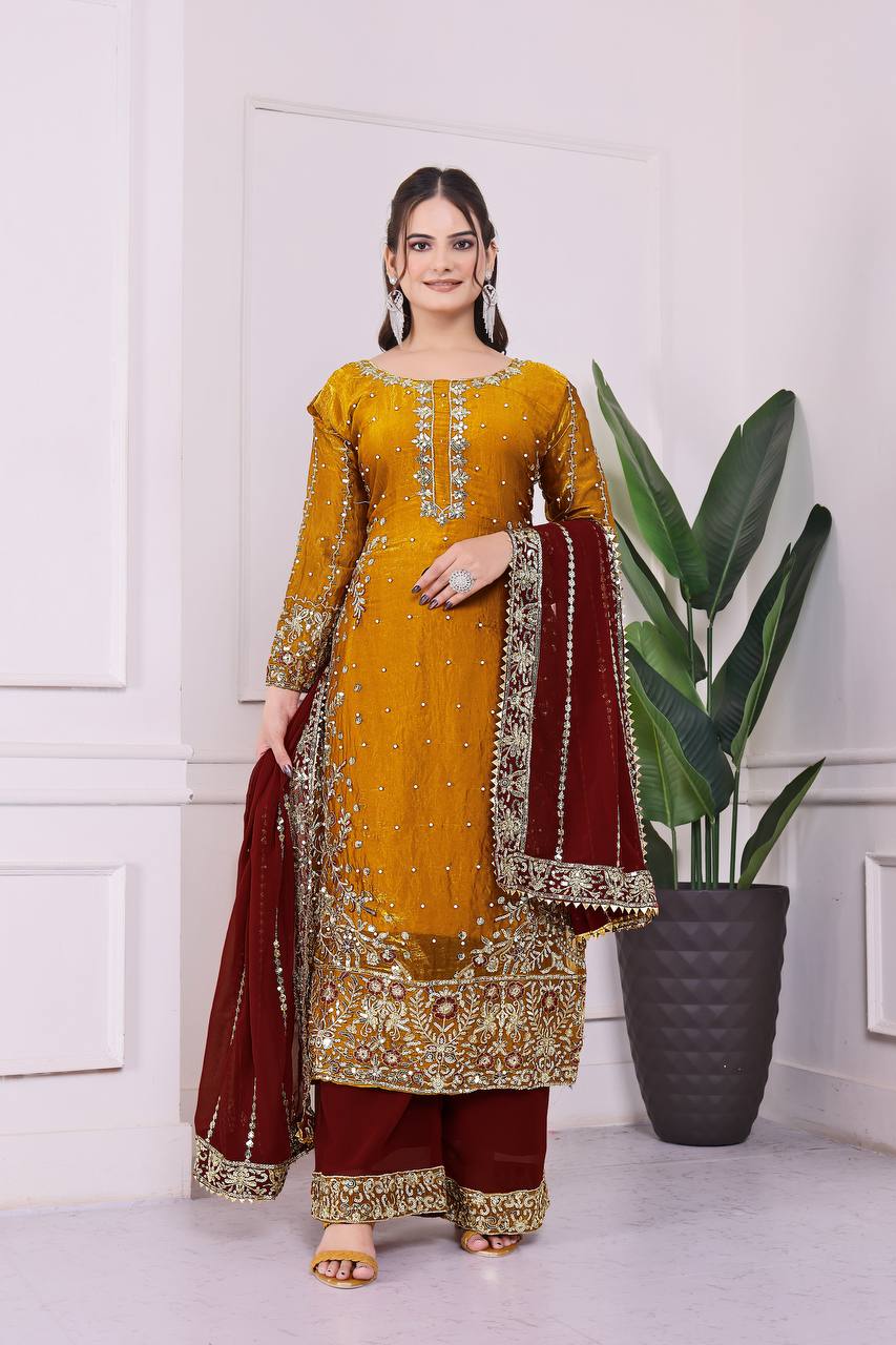 Heavily Embroidered Fancy Top-Plazzo Set with Matching Dupatta - Jaipur Blossom