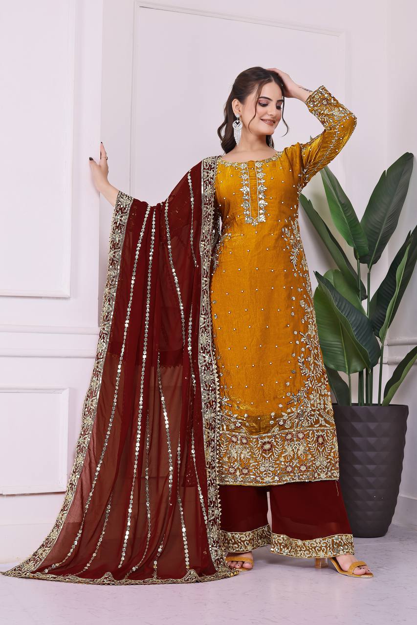 Heavily Embroidered Fancy Top-Plazzo Set with Matching Dupatta - Jaipur Blossom