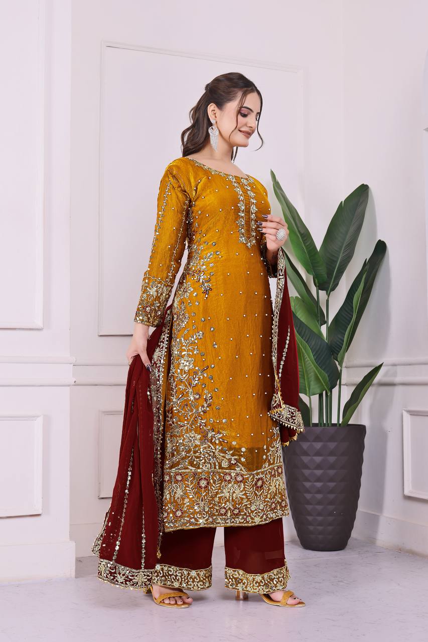 Heavily Embroidered Fancy Top-Plazzo Set with Matching Dupatta - Jaipur Blossom