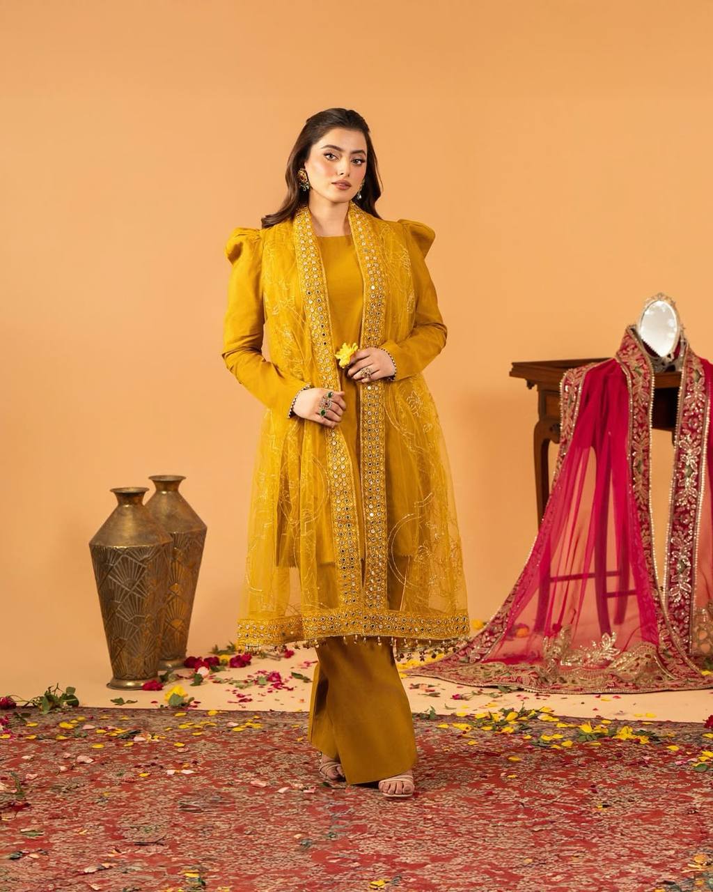 Heavy Crepe Silk Top and Farshi Salwar with Canvas Belt and Butterfly Net Dupatta