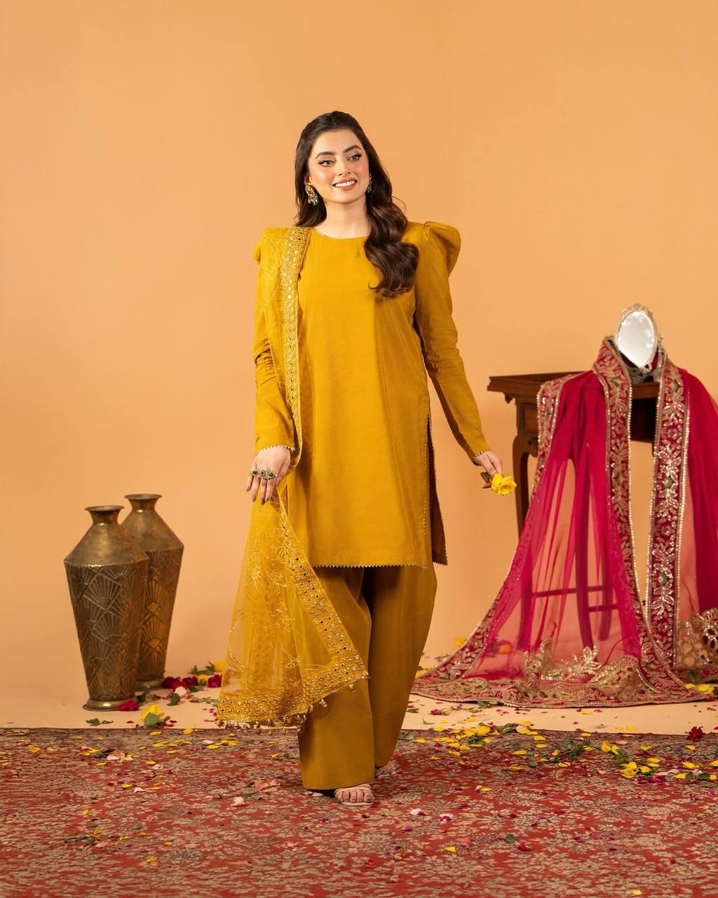 Heavy Crepe Silk Top and Farshi Salwar with Canvas Belt and Butterfly Net Dupatta