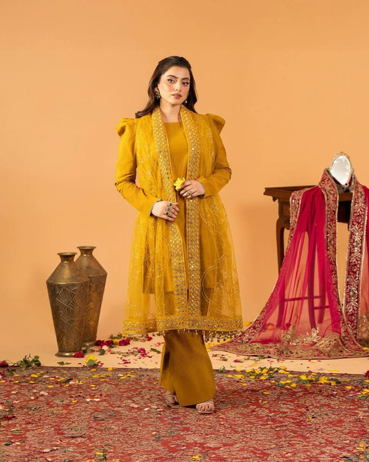 Heavy Crepe Silk Top and Farshi Salwar with Canvas Belt and Butterfly Net Dupatta
