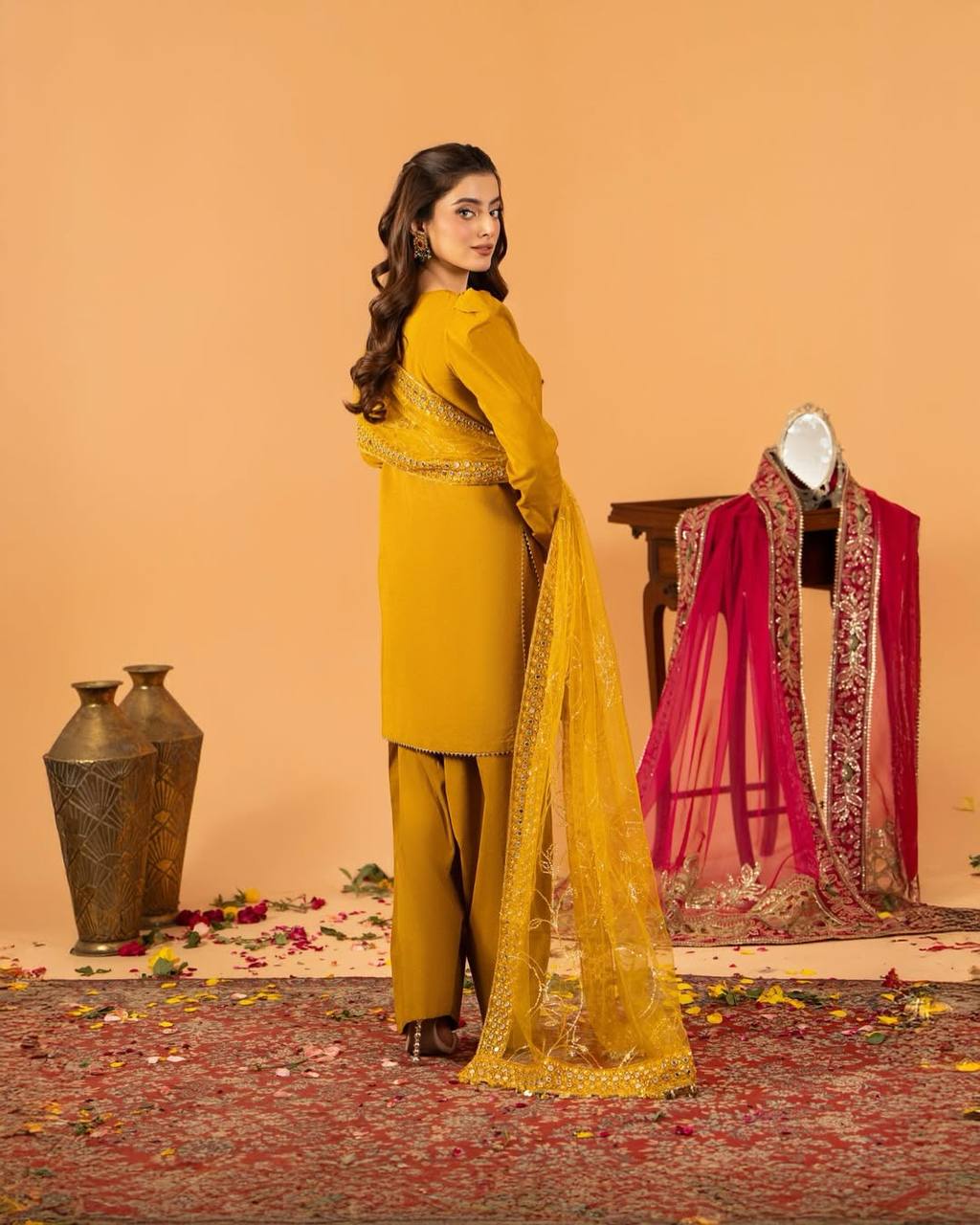 Heavy Crepe Silk Top and Farshi Salwar with Canvas Belt and Butterfly Net Dupatta
