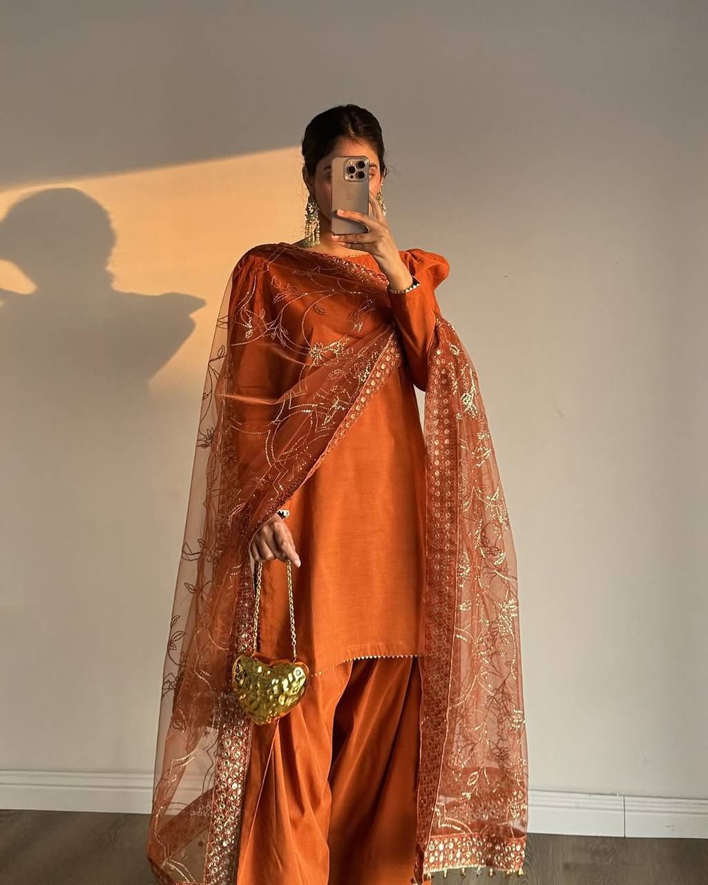 Heavy Crepe Silk Top and Farshi Salwar with Canvas Belt and Butterfly Net Dupatta