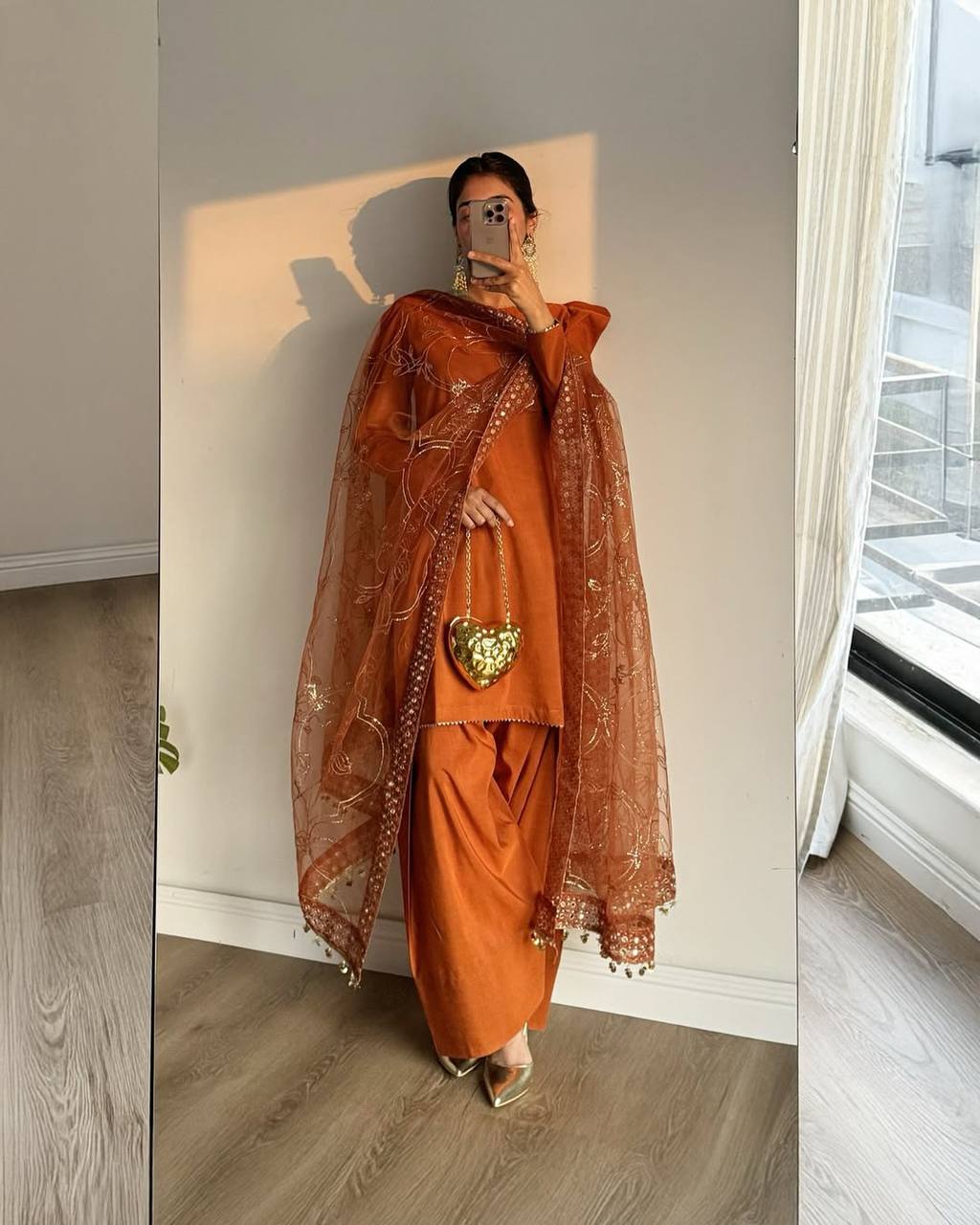 Heavy Crepe Silk Top and Farshi Salwar with Canvas Belt and Butterfly Net Dupatta