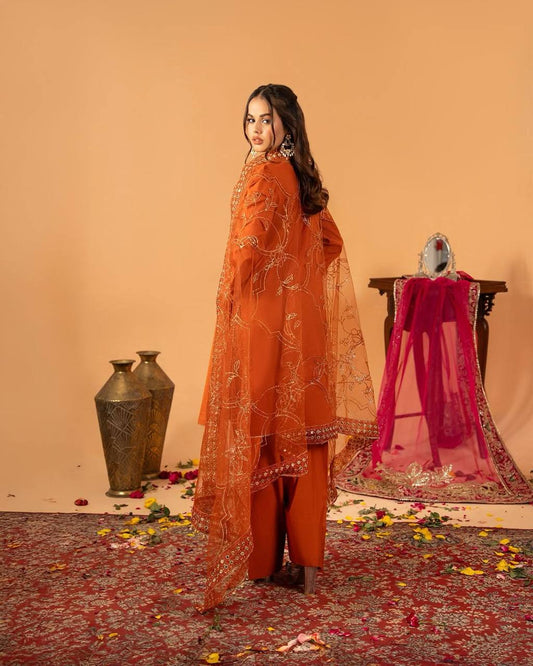 Heavy Crepe Silk Top and Farshi Salwar with Canvas Belt and Butterfly Net Dupatta