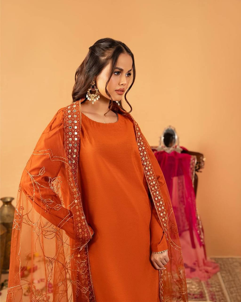 Heavy Crepe Silk Top and Farshi Salwar with Canvas Belt and Butterfly Net Dupatta