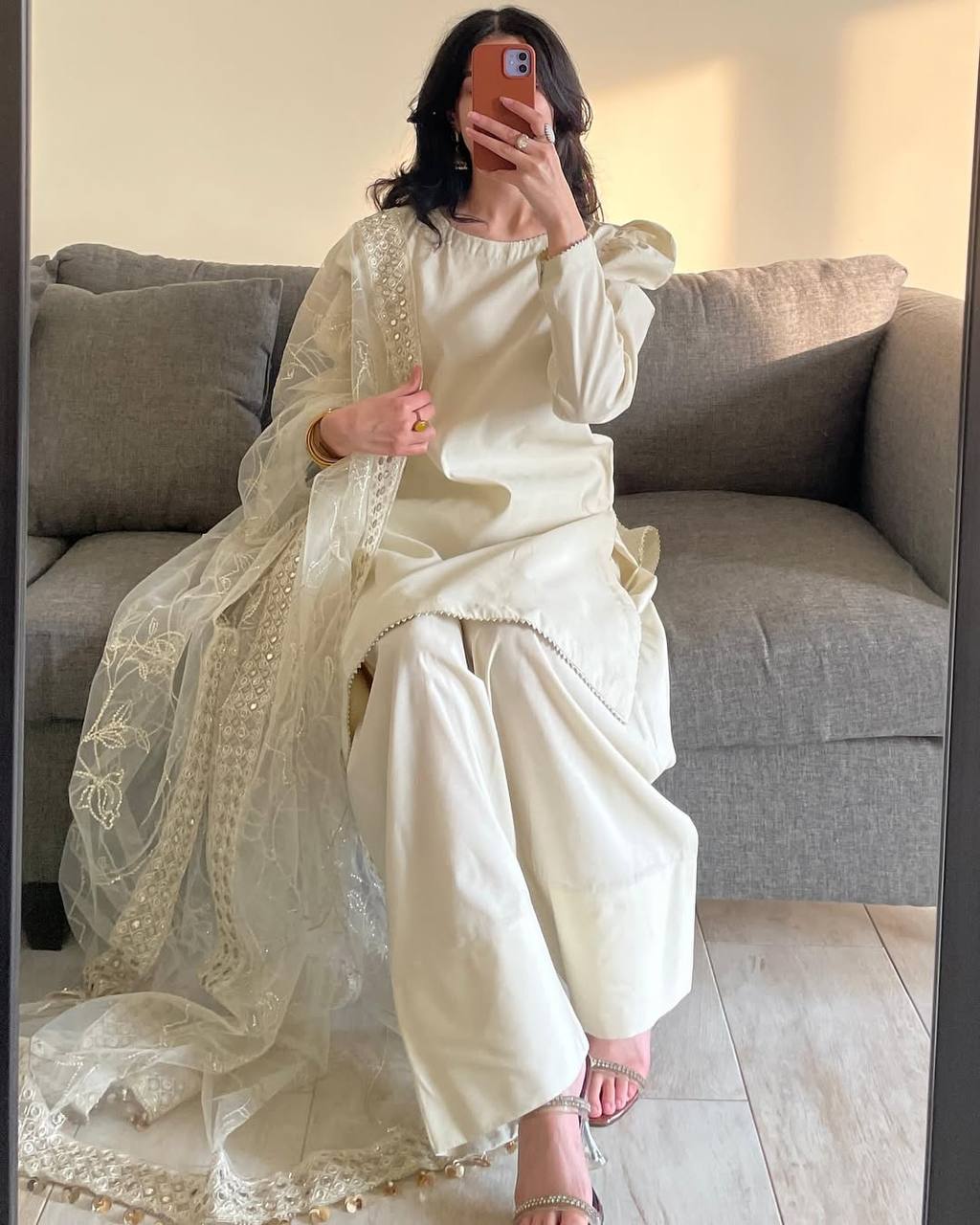 Heavy Crepe Silk Top and Farshi Salwar with Canvas Belt and Butterfly Net Dupatta