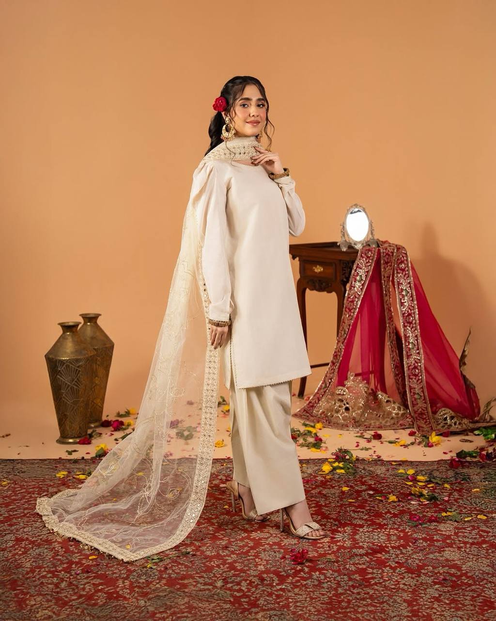 Heavy Crepe Silk Top and Farshi Salwar with Canvas Belt and Butterfly Net Dupatta