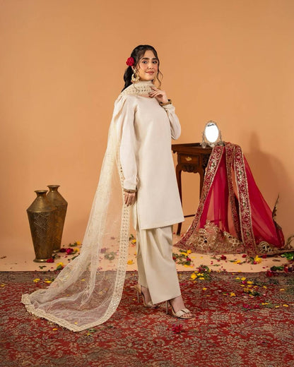 Heavy Crepe Silk Top and Farshi Salwar with Canvas Belt and Butterfly Net Dupatta