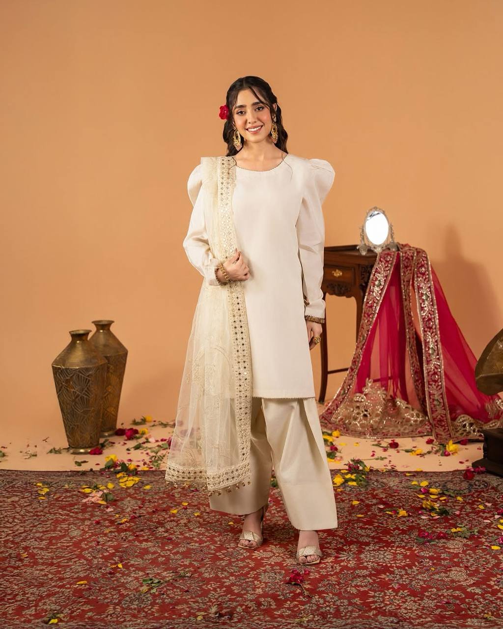 Heavy Crepe Silk Top and Farshi Salwar with Canvas Belt and Butterfly Net Dupatta