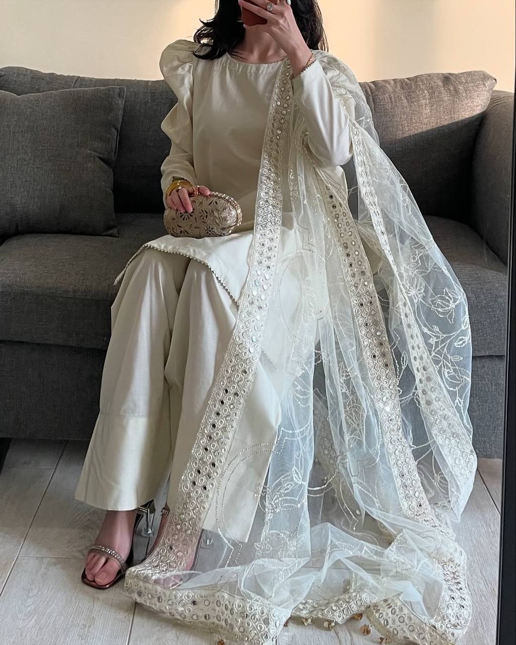 Heavy Crepe Silk Top and Farshi Salwar with Canvas Belt and Butterfly Net Dupatta