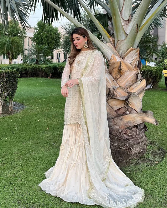 Designer Heavy Chinon Sharara Set with 5mm Sequence Embroidery and Fancy Lace Dupatta