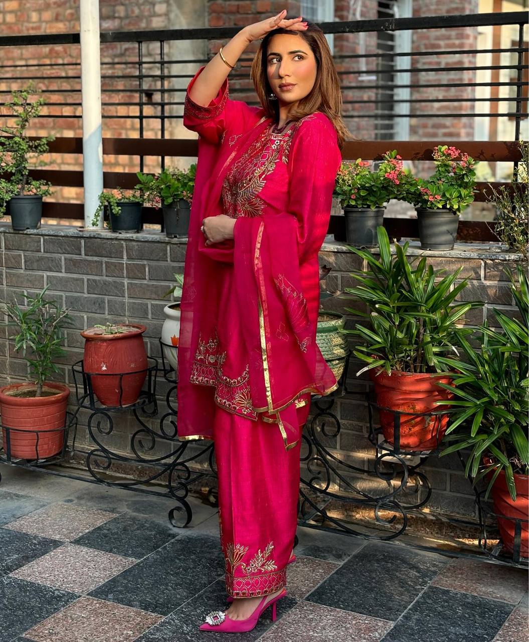 Fully Stitched Embroidered Chinnon Silk Top and Pant with Matching Dupatta