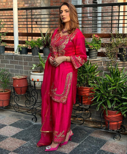Fully Stitched Embroidered Chinnon Silk Top and Pant with Matching Dupatta