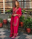 Fully Stitched Embroidered Chinnon Silk Top and Pant with Matching Dupatta