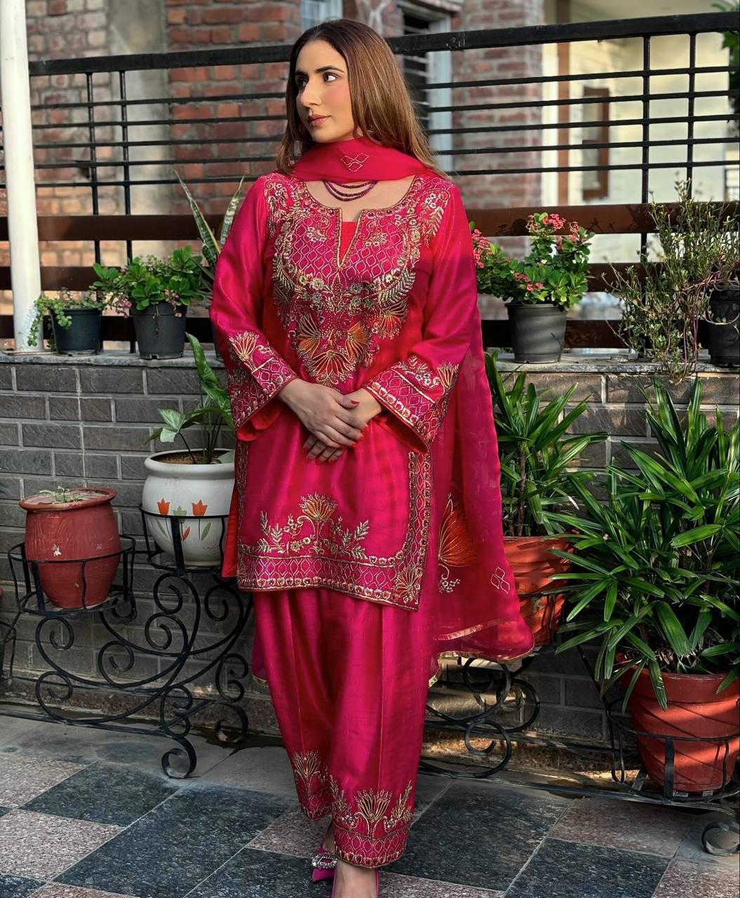 Fully Stitched Embroidered Chinnon Silk Top and Pant with Matching Dupatta
