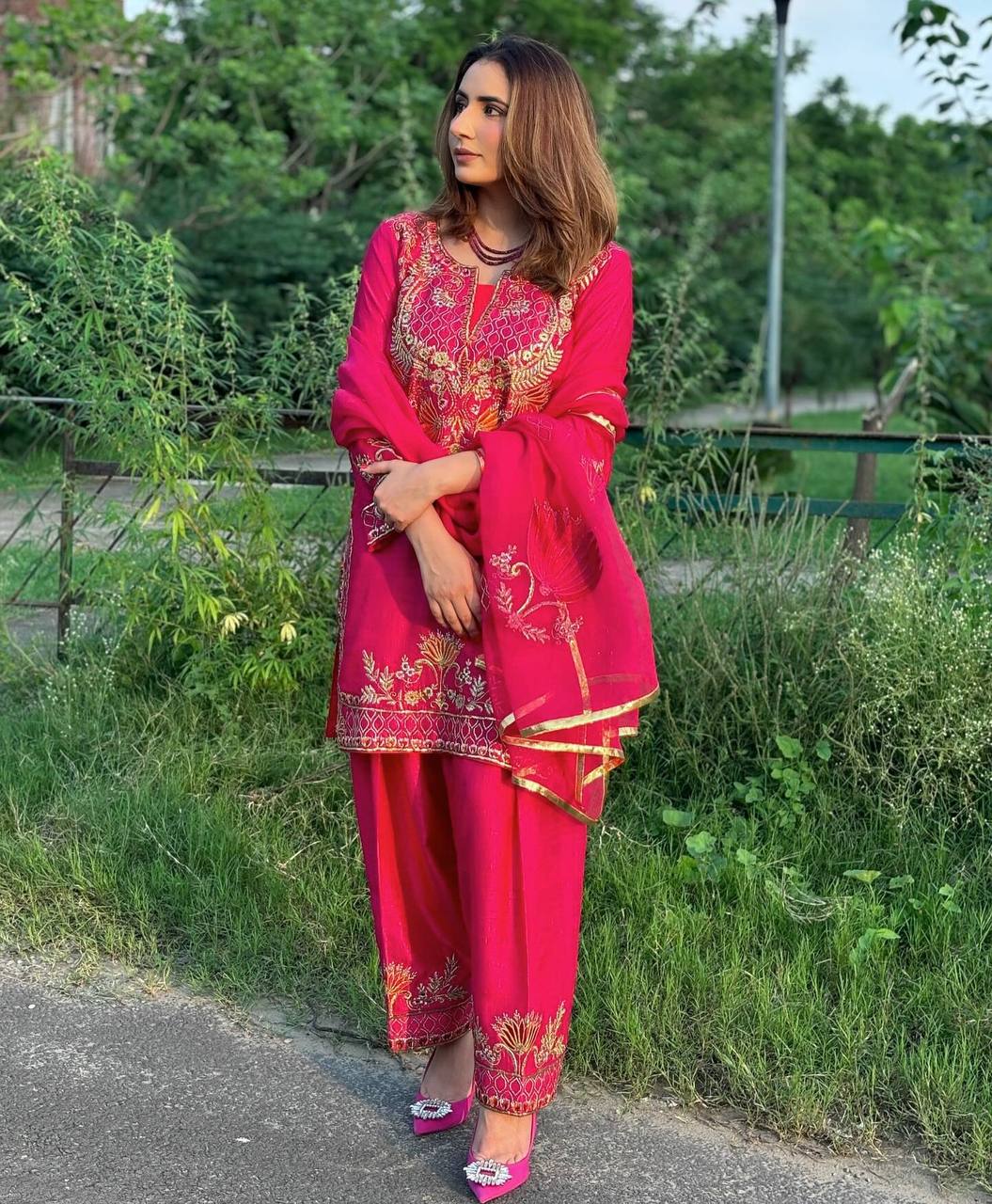 Fully Stitched Embroidered Chinnon Silk Top and Pant with Matching Dupatta