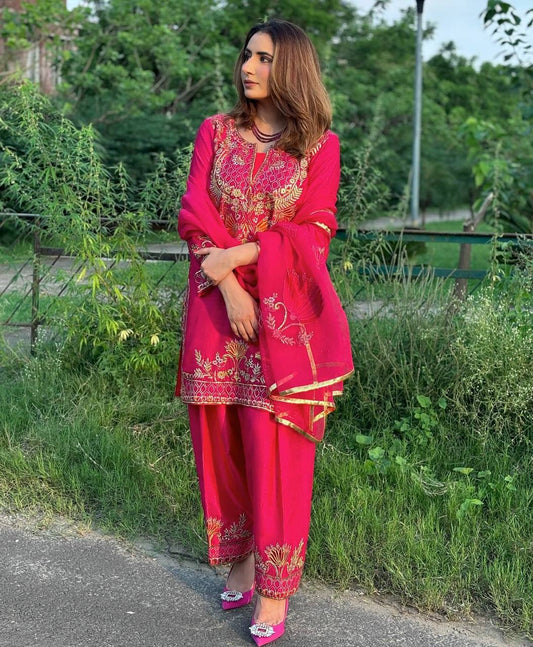 Fully Stitched Embroidered Chinnon Silk Top and Pant with Matching Dupatta