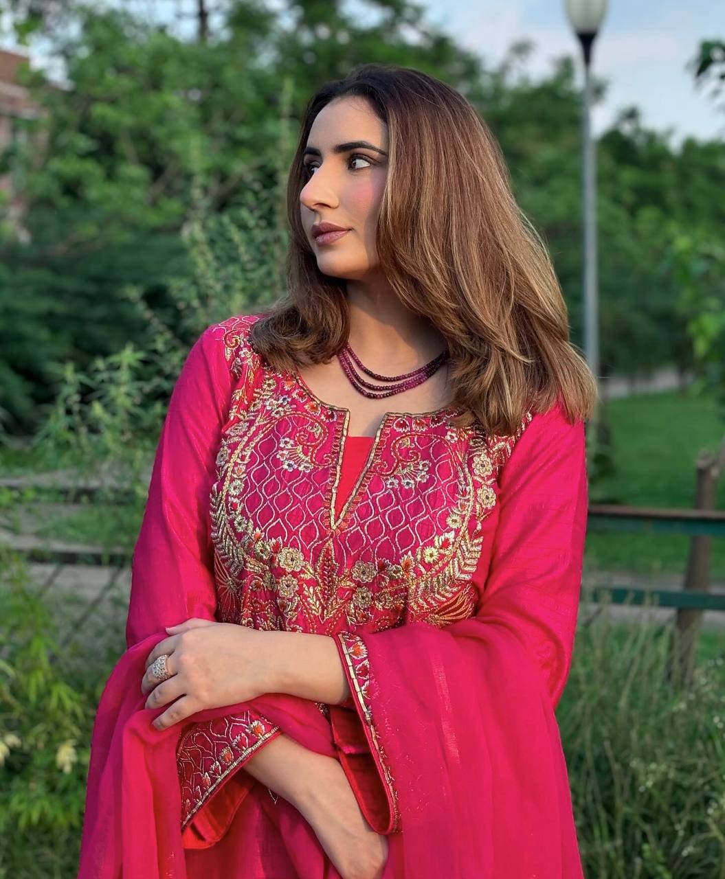 Fully Stitched Embroidered Chinnon Silk Top and Pant with Matching Dupatta