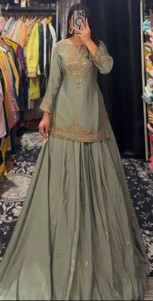 Multi-Needle Embroidery Chinnon Silk Lehenga Set with Fancy Dupatta
