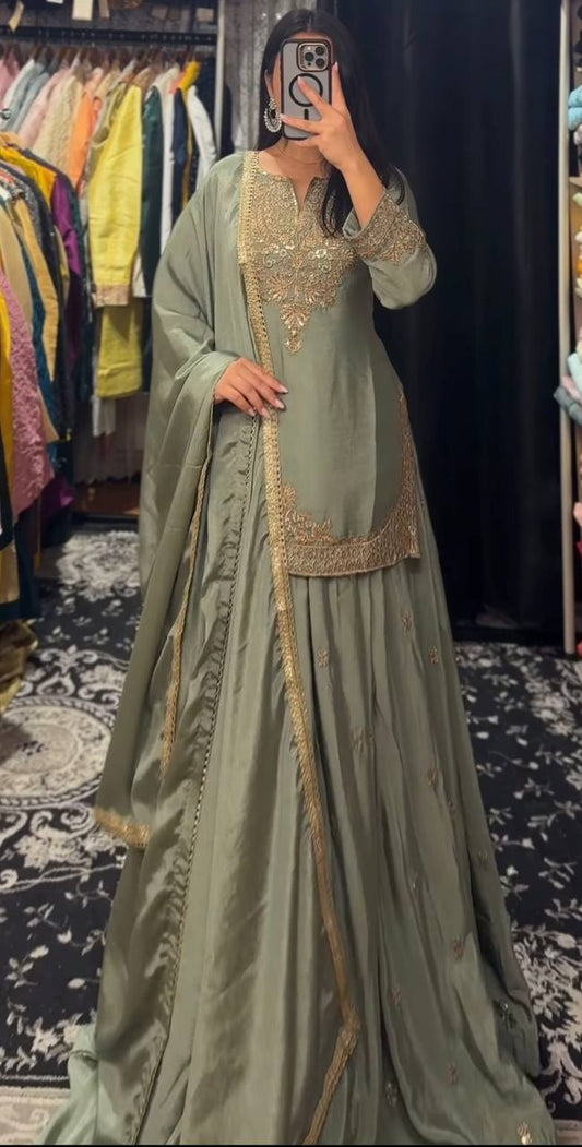 Multi-Needle Embroidery Chinnon Silk Lehenga Set with Fancy Dupatta