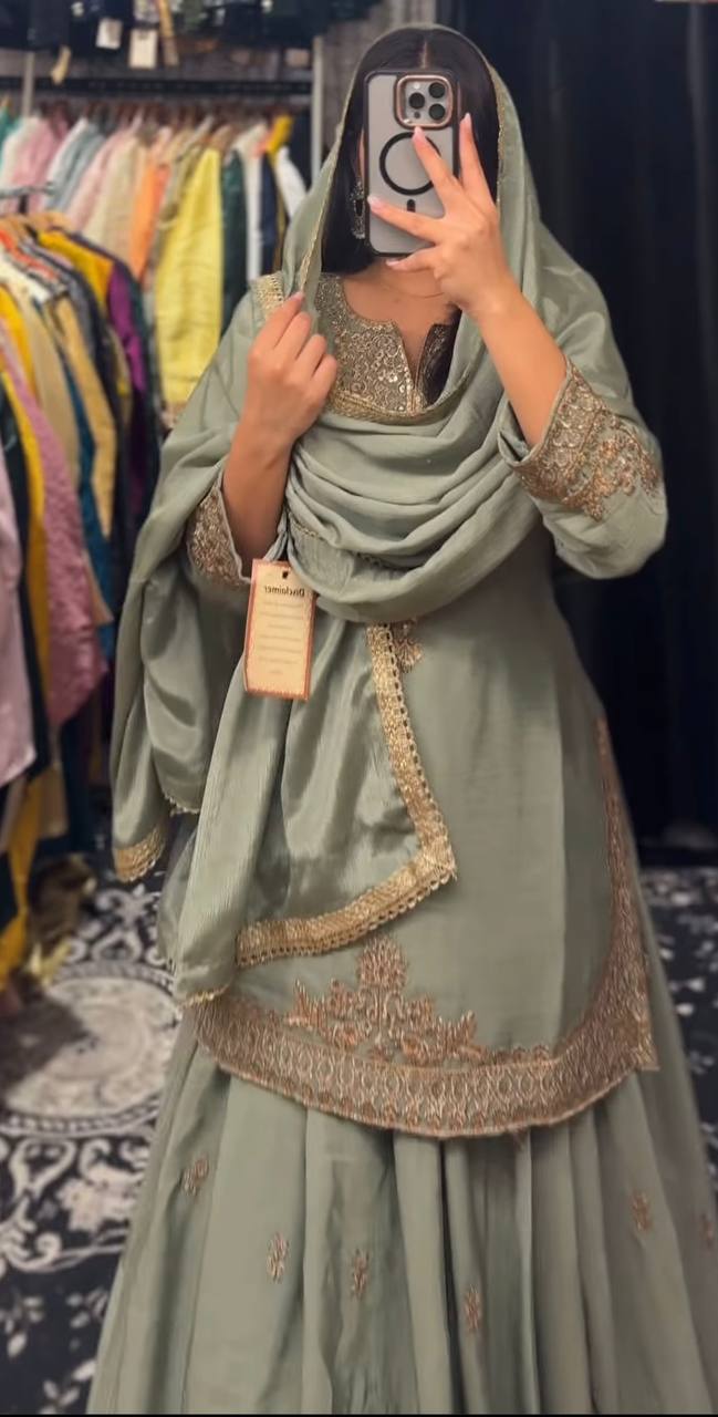 Multi-Needle Embroidery Chinnon Silk Lehenga Set with Fancy Dupatta