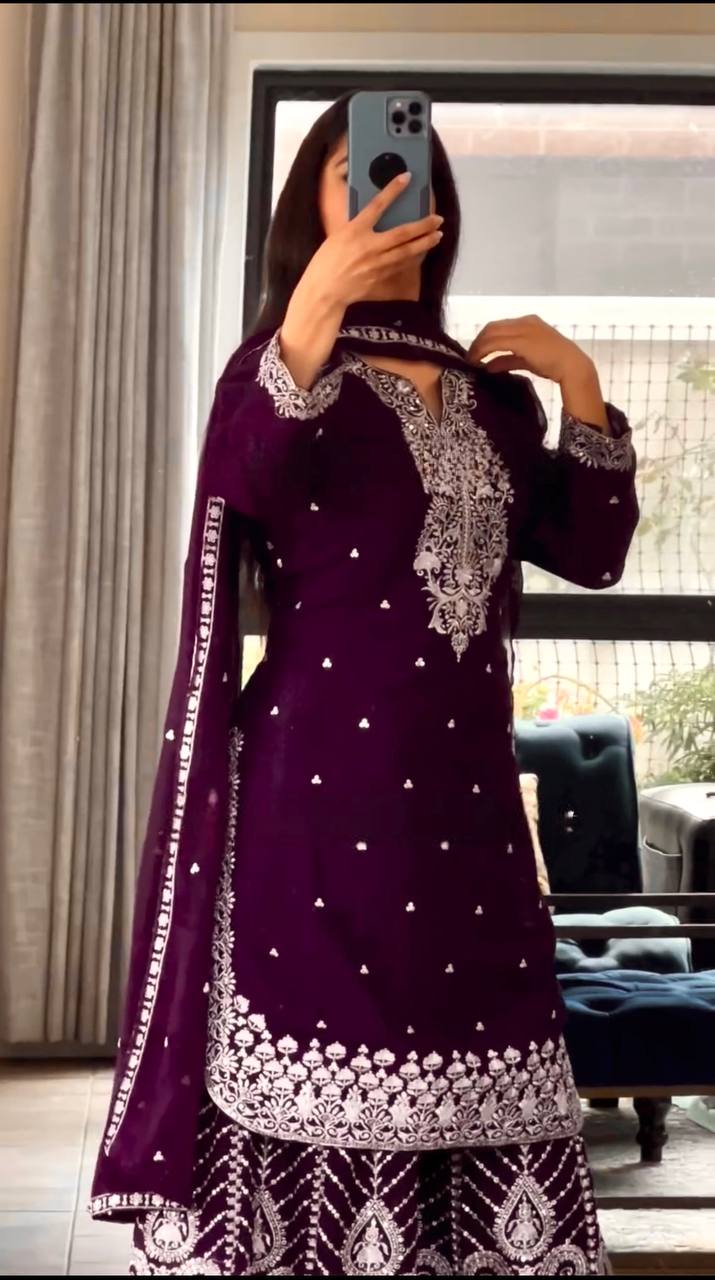 Heavy Embroidery Chinnon Silk Top with Sharara, Dupatta & Latkan Detailing