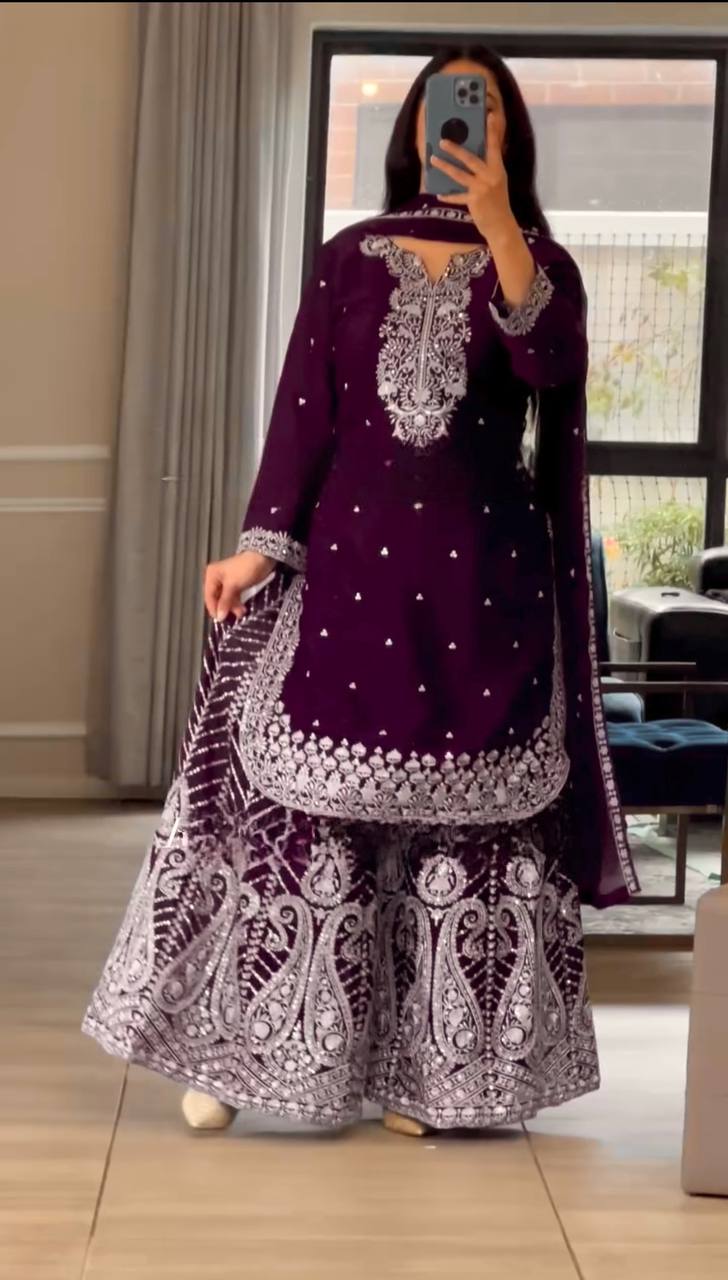 Heavy Embroidery Chinnon Silk Top with Sharara, Dupatta & Latkan Detailing