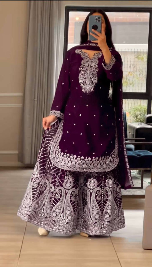 Heavy Embroidery Chinnon Silk Top with Sharara, Dupatta & Latkan Detailing