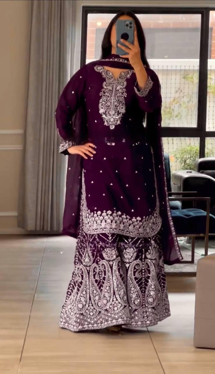 Heavy Embroidery Chinnon Silk Top with Sharara, Dupatta & Latkan Detailing