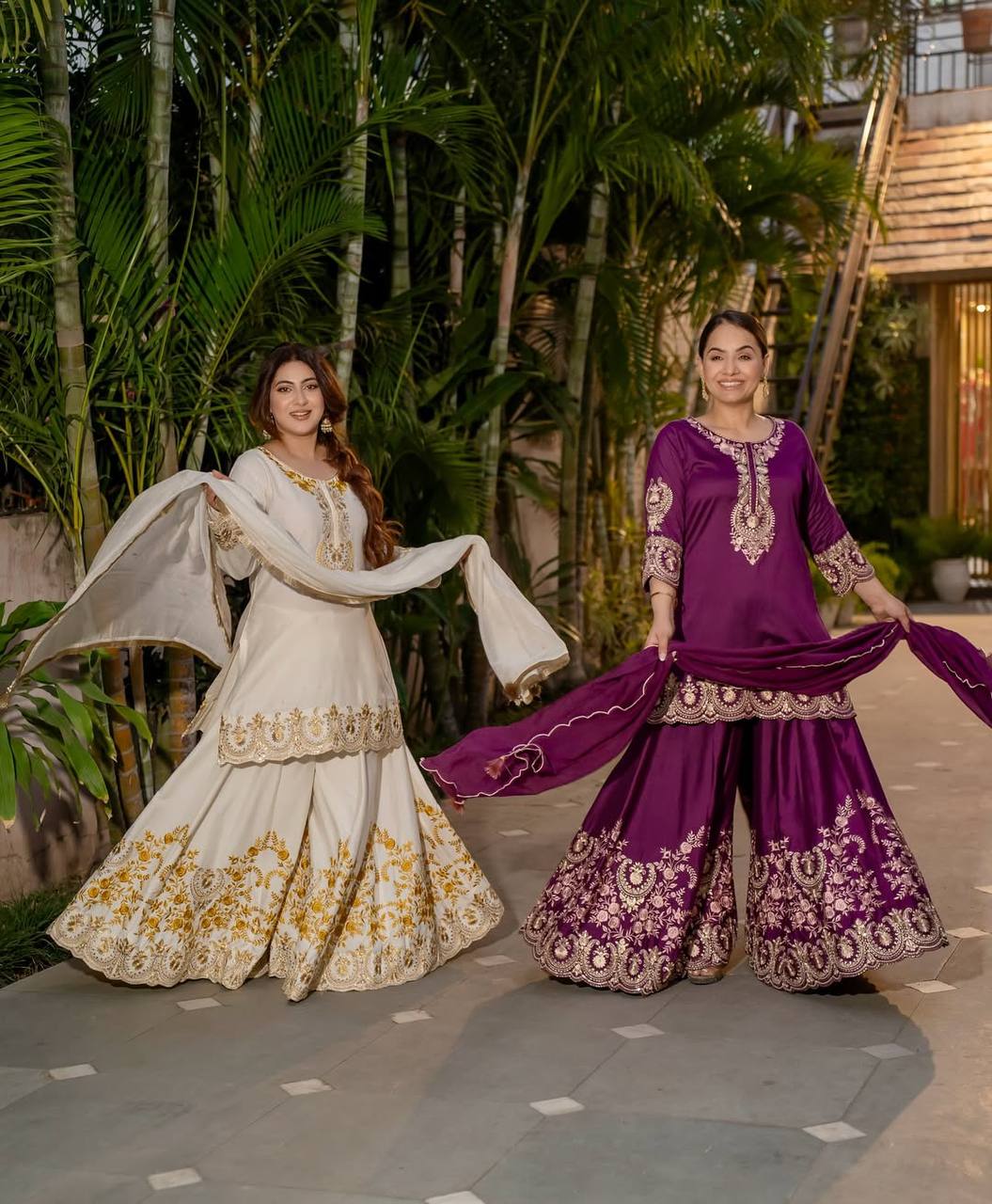 Pure Heavy Natural Crepe Silk Top with Latkan Dori, Sharara Plazzo, and Embroidered Dupatta