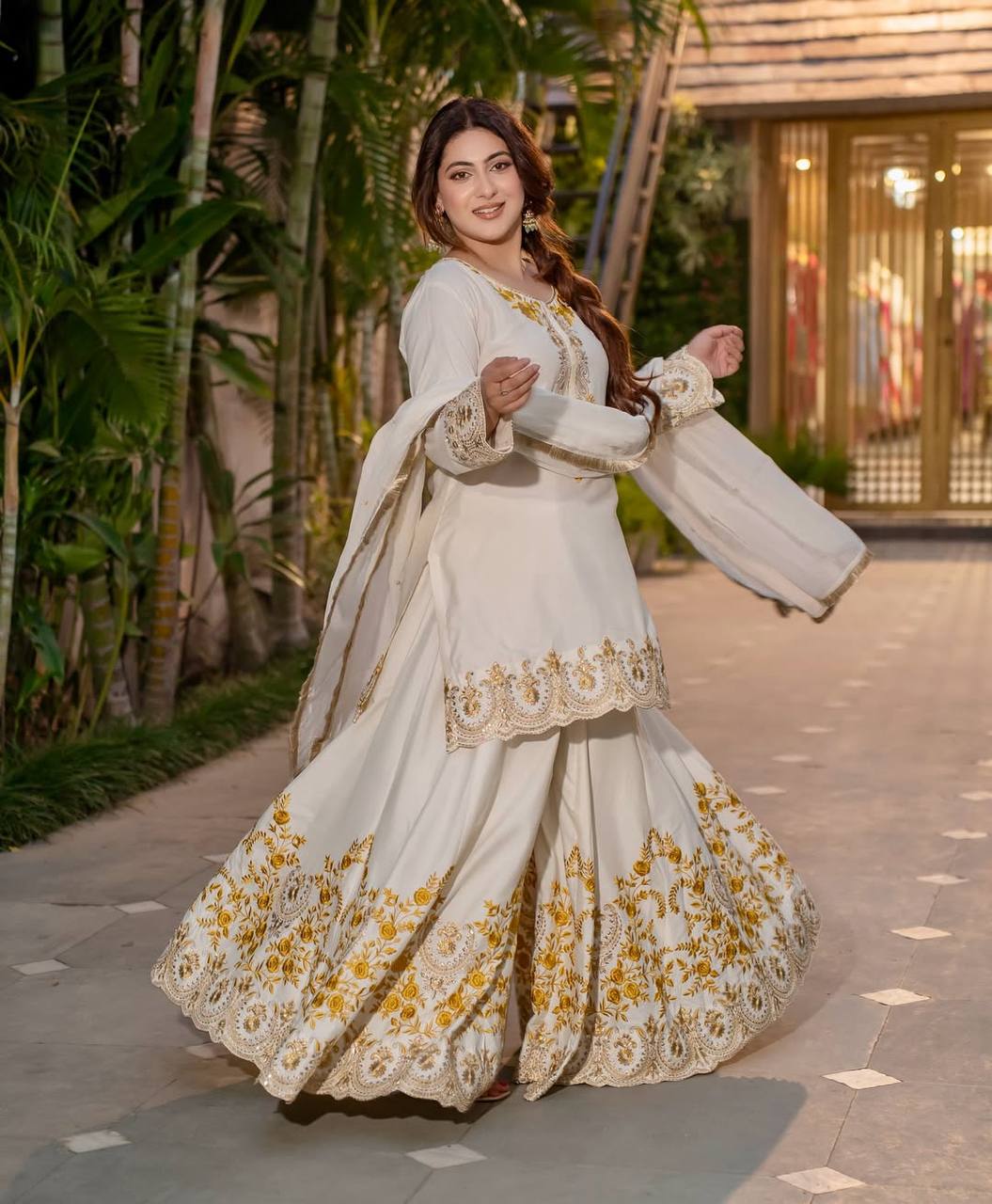Pure Heavy Natural Crepe Silk Top with Latkan Dori, Sharara Plazzo, and Embroidered Dupatta