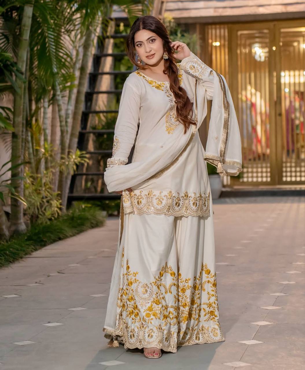 Pure Heavy Natural Crepe Silk Top with Latkan Dori, Sharara Plazzo, and Embroidered Dupatta