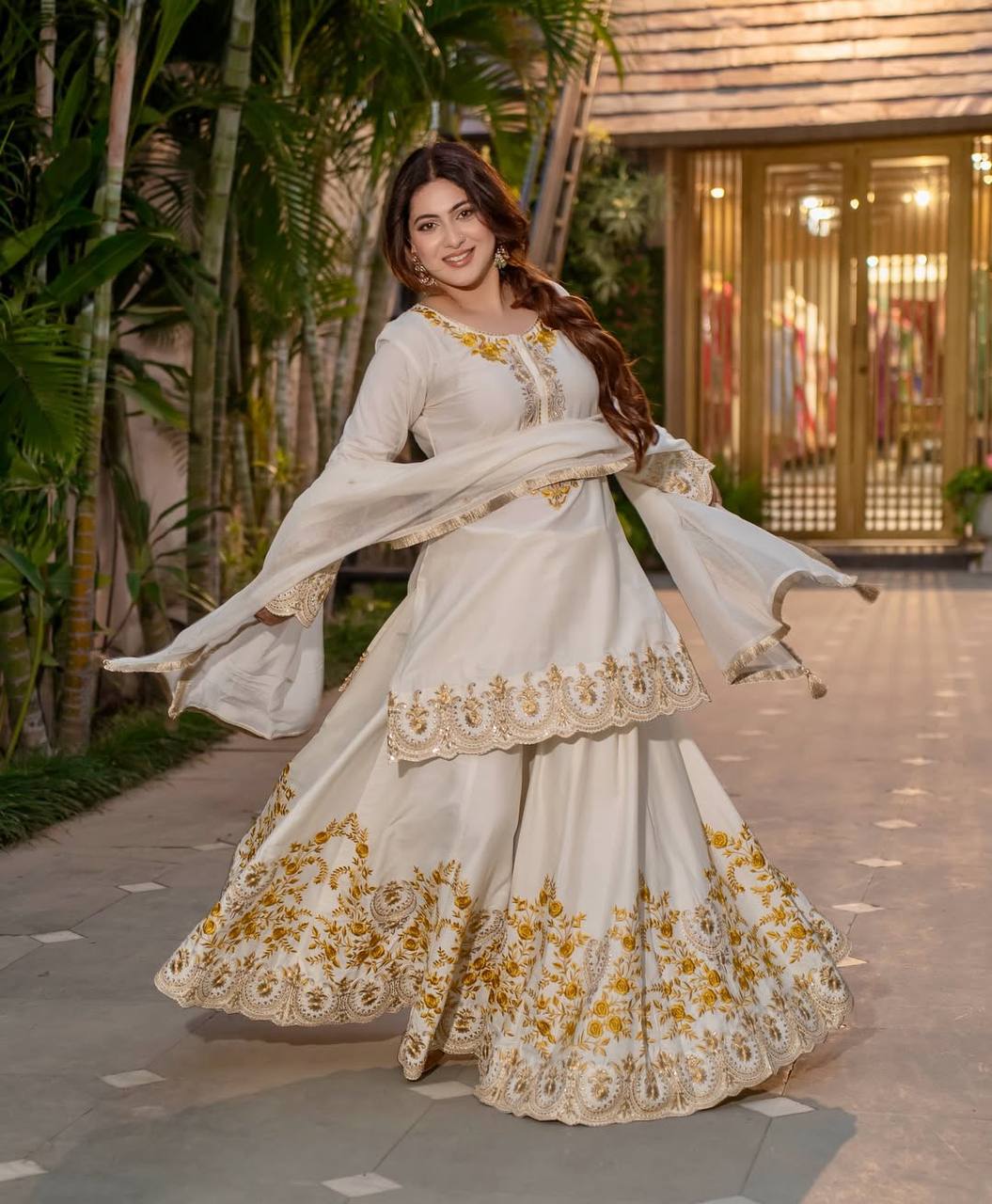 Pure Heavy Natural Crepe Silk Top with Latkan Dori, Sharara Plazzo, and Embroidered Dupatta